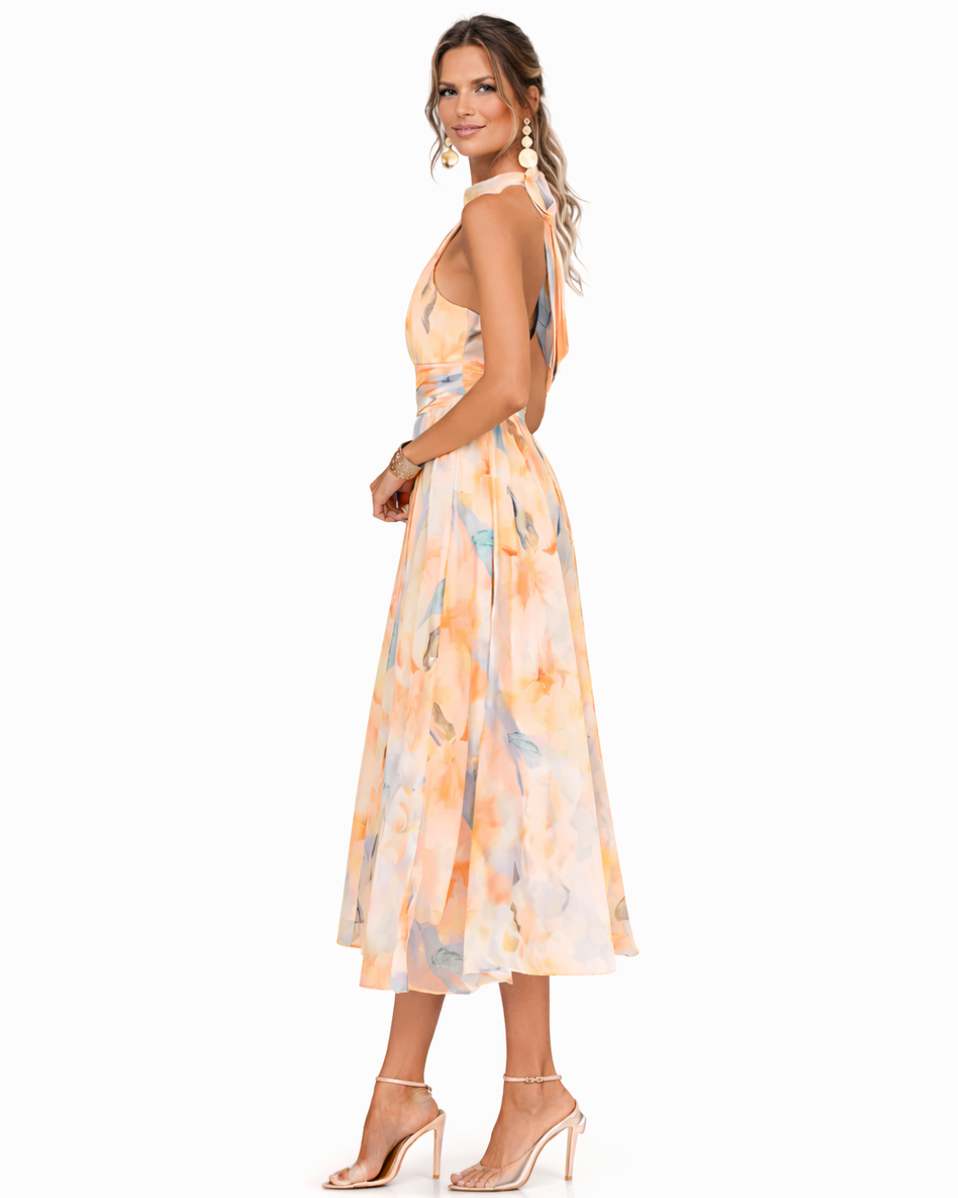 Women's Halter Neck Maxi Dress A-Line Flowing Skirt Printed Design | Floral Orange