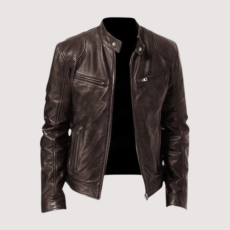 Men's solid biker jacket with stand collar, long sleeves and zipped pockets