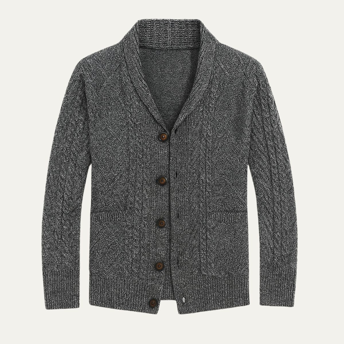 Men's textured cable knit cardigan with shawl collar, buttons and front pockets