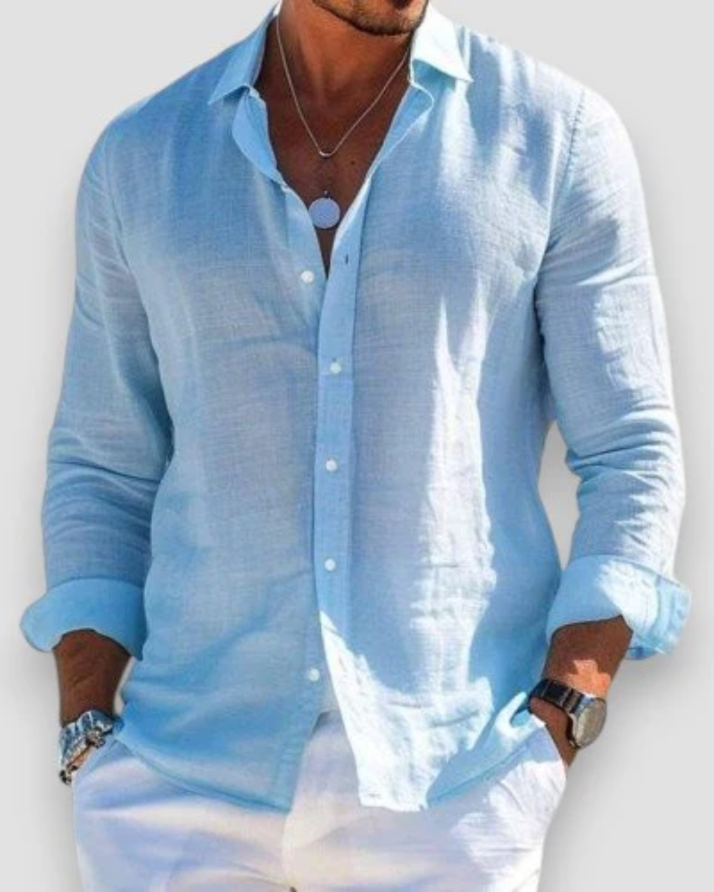 Men's plain long-sleeve button shirt with collared neckline and rolled cuffs