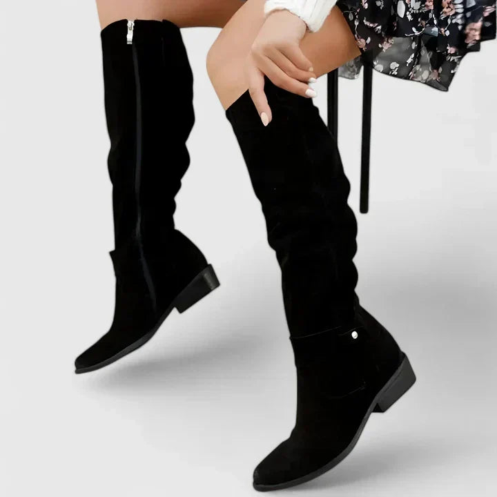 Women's slouch over-the-knee boots with low heels, side zips and strap detailing