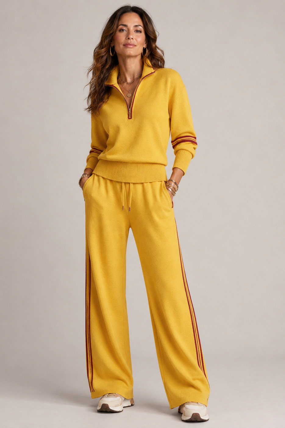 Women's mock-neck zip sweater and wide-leg trouser set with contrast stripes