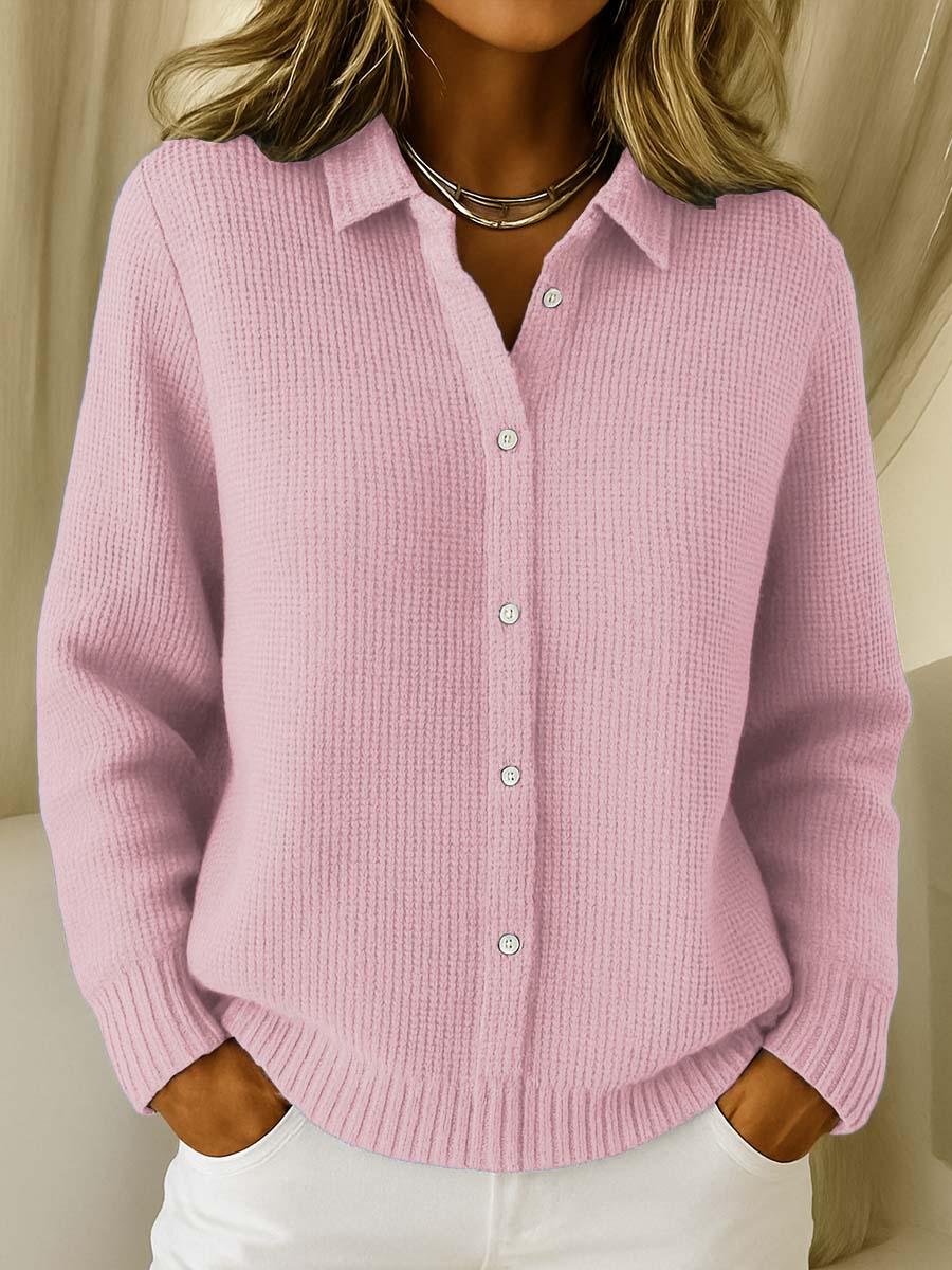 Women's textured knit cardigan with shirt collar, long sleeves and button front