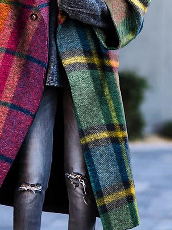 Women's multicolour checked plaid long coat with lapel collar and three-quarter sleeves