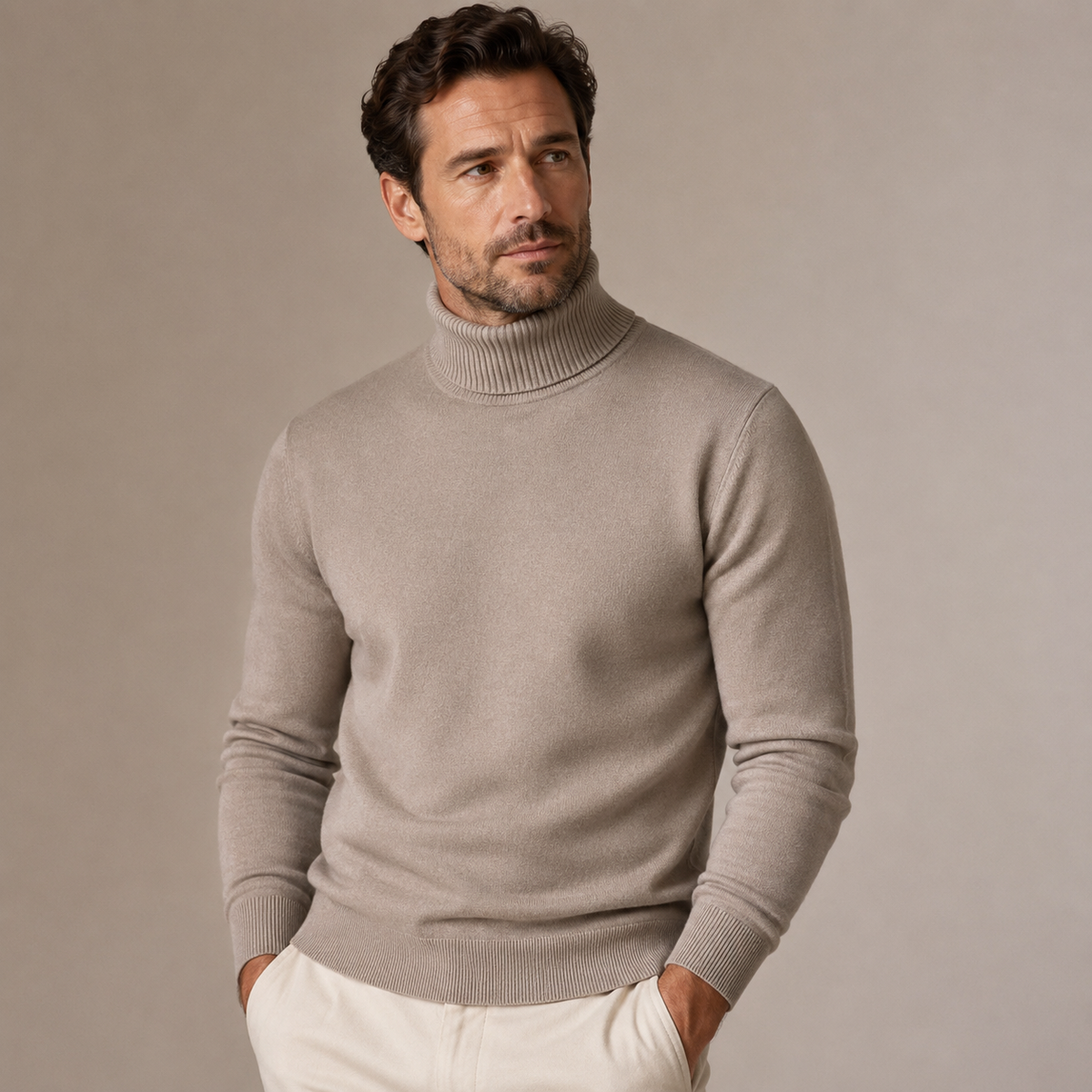 Men's plain long-sleeve turtleneck sweater with ribbed collar, cuffs and hem