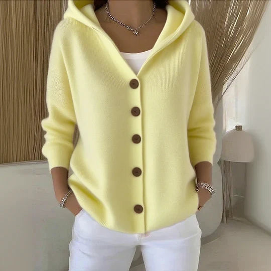 Women's hooded long-sleeve button cardigan with ribbed knit finish and side pockets