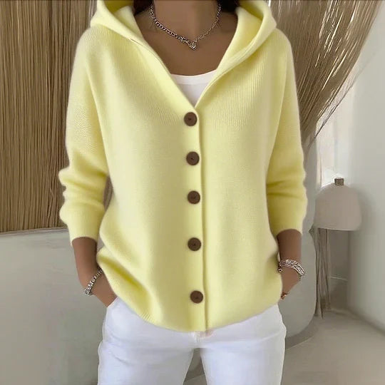 Women's hooded ribbed knit cardigan with long sleeves and button front