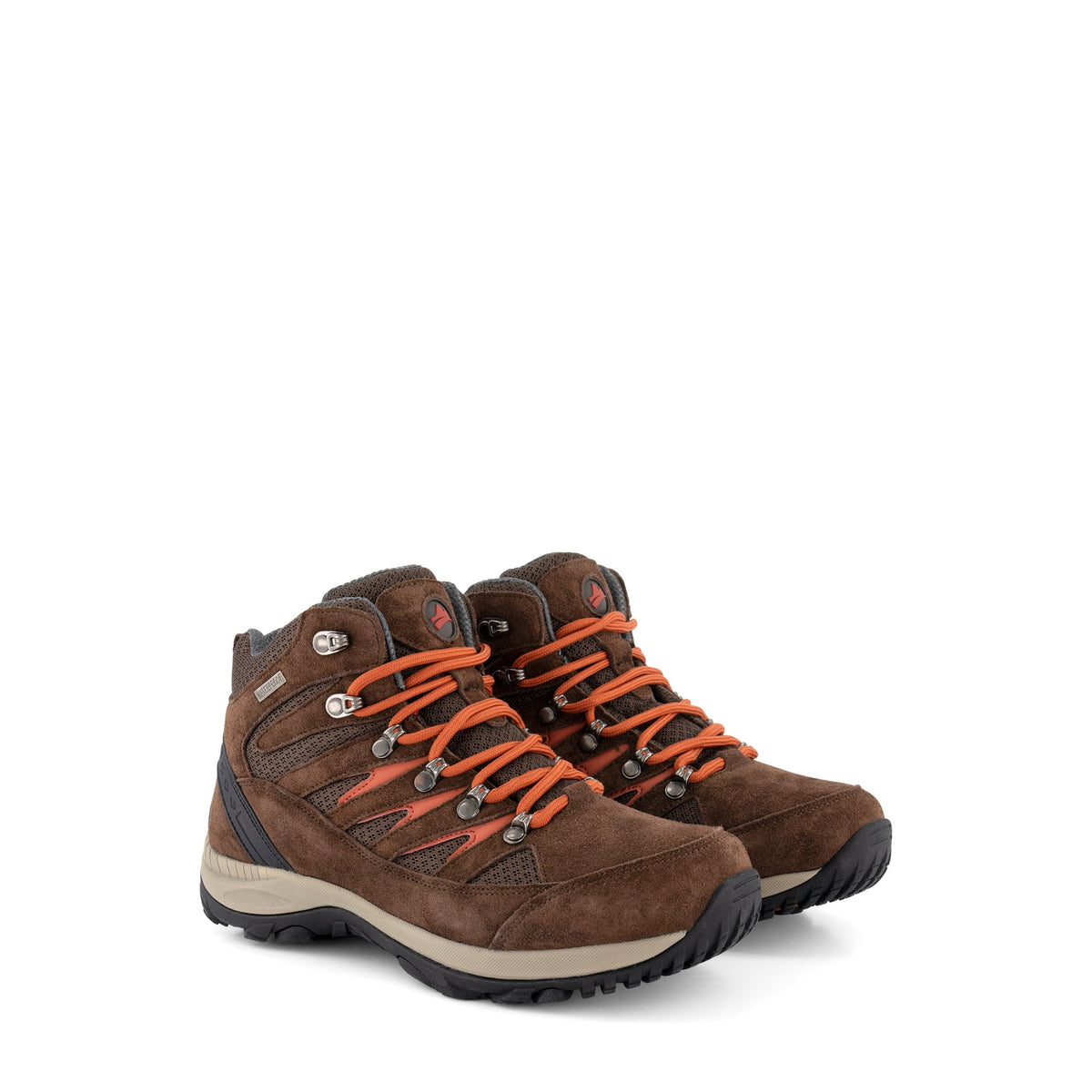 Brown high-top hiking boots with orange laces and lugged soles