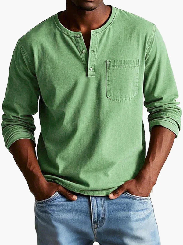 Men's long sleeve Henley shirt with Mandarin collar and chest pocket