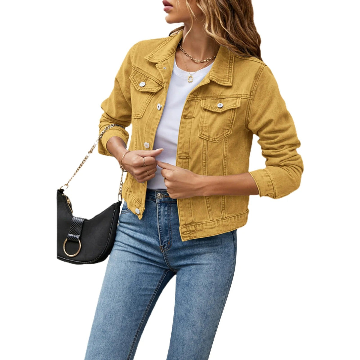 Women's denim jacket with point collar, button front and chest pockets
