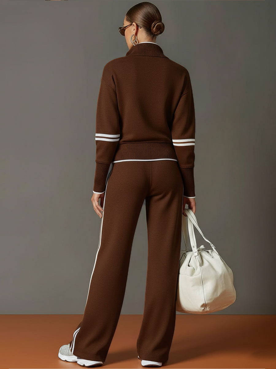 Ribbed Zip Lounge Set Grey White Loose Fit Tracksuit