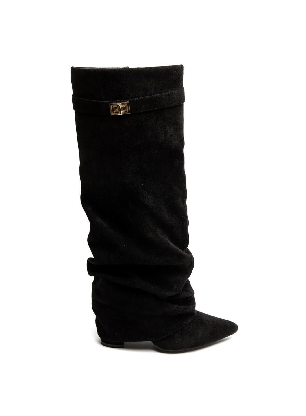 Women's black slouch knee-high boots with pointed toes, low heels and buckle trim