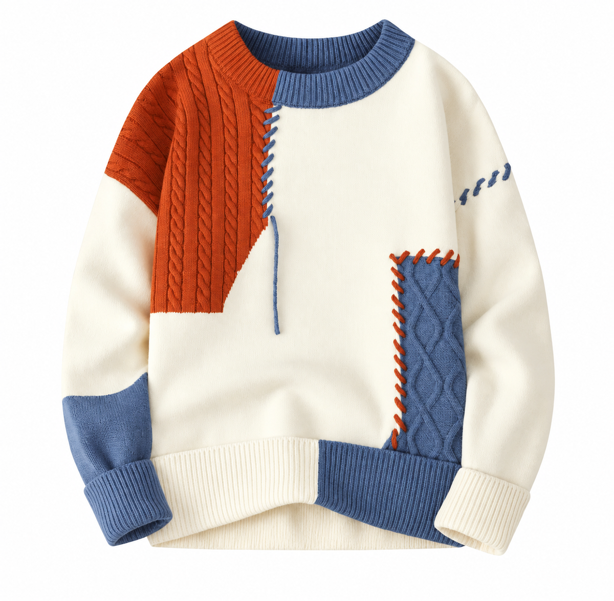 Unisex patchwork cable knit sweater with contrasting panels and ribbed trims