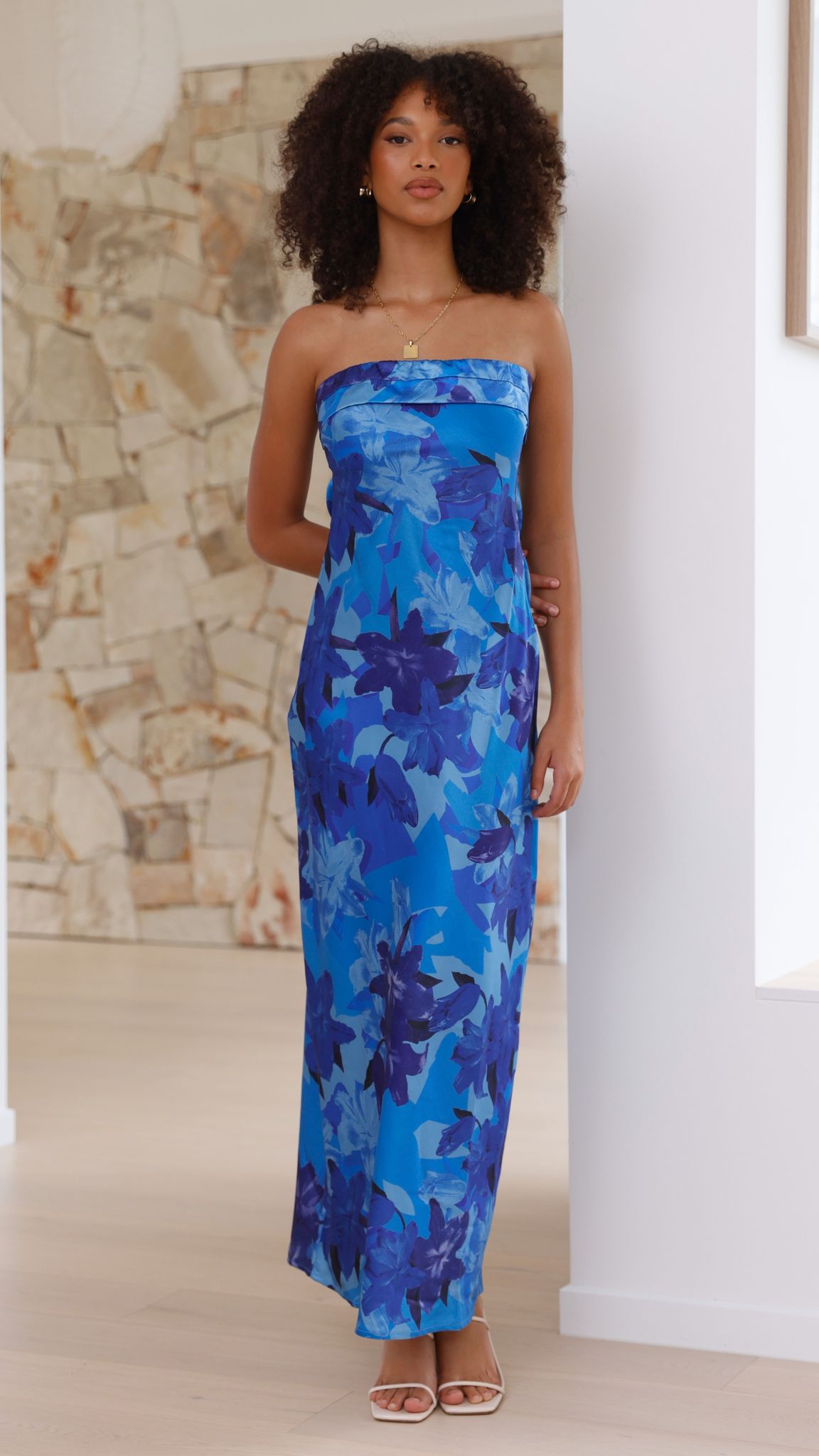 Women's Strapless Maxi Dress Open Back Cowl Detail Structured Fit | Floral Blue