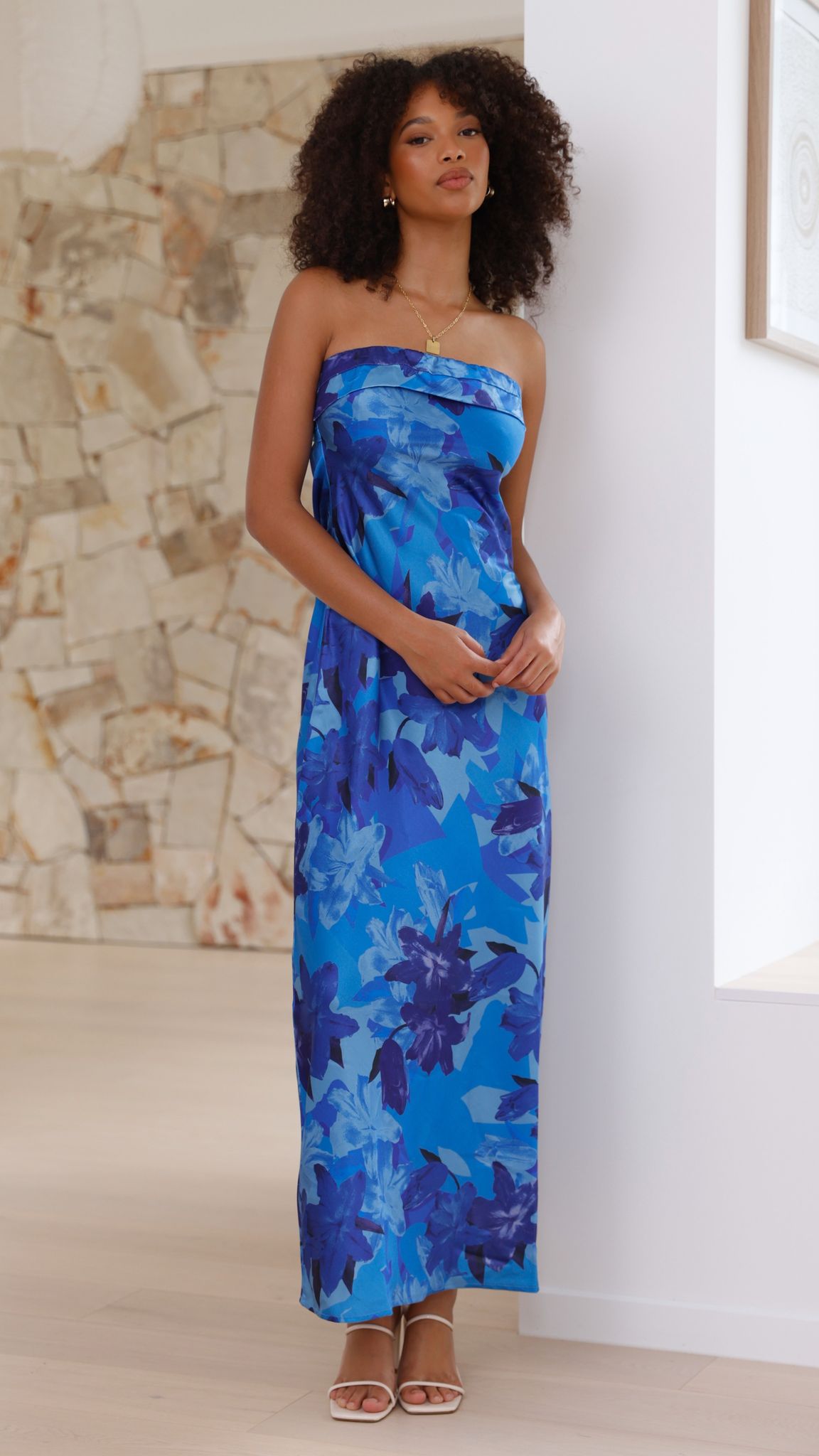 Women's Strapless Maxi Dress Open Back Cowl Detail Structured Fit | Floral Blue