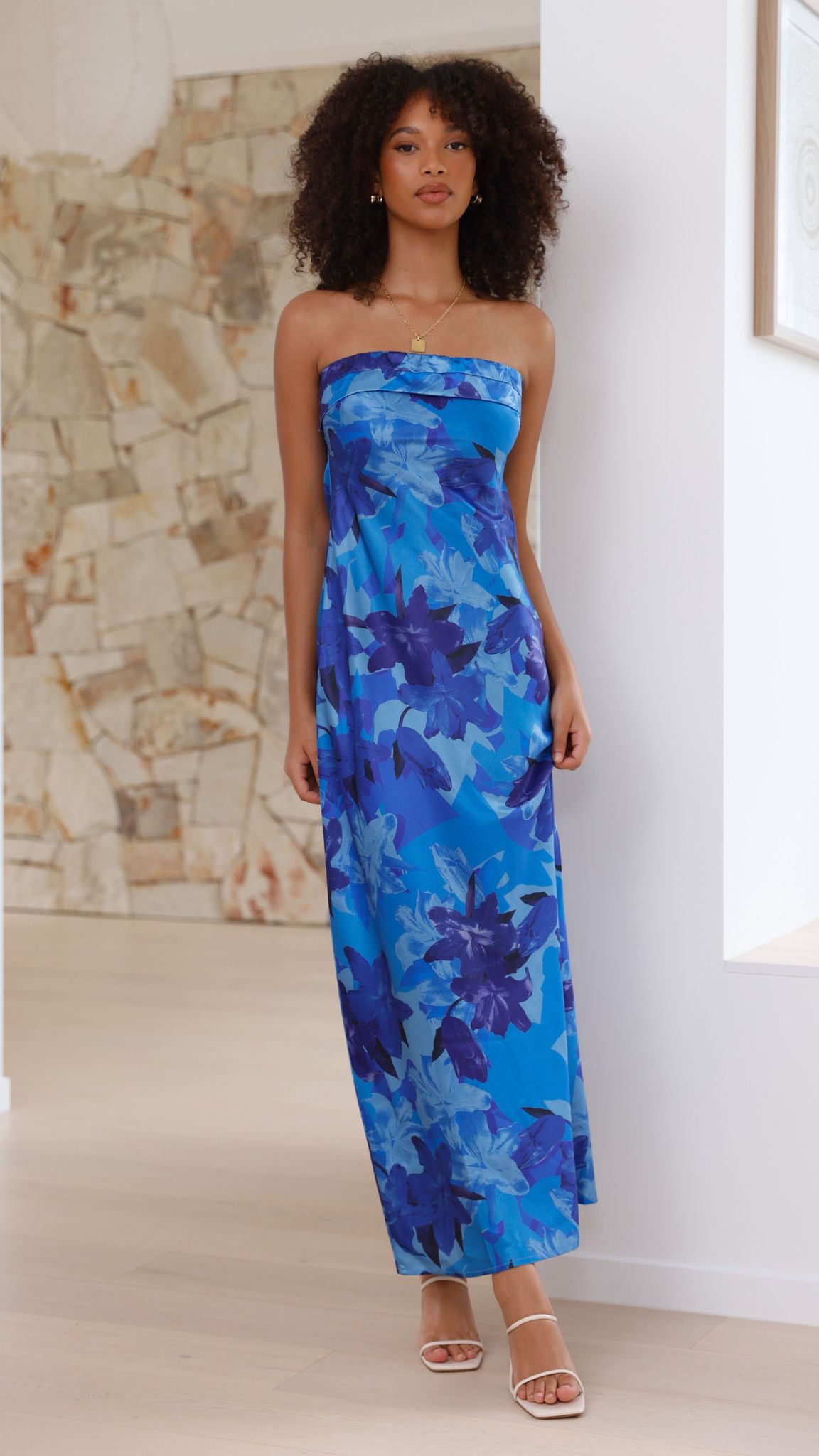 Women's Strapless Maxi Dress Open Back Cowl Detail Structured Fit | Floral Blue
