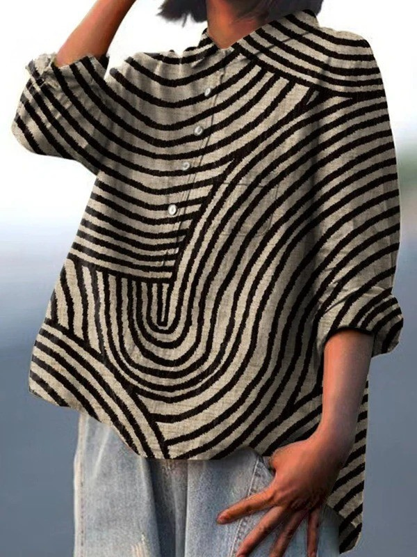 Women's multicolour geometric pattern shirt with mandarin collar and short sleeves