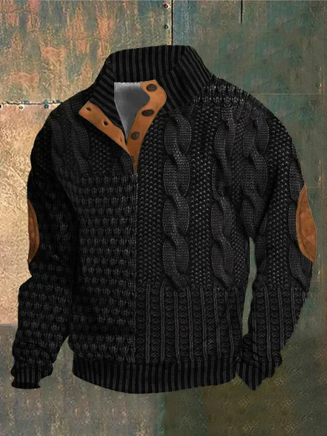Men's textured cable knit jumper with mock neck, button placket and contrasting elbow patches