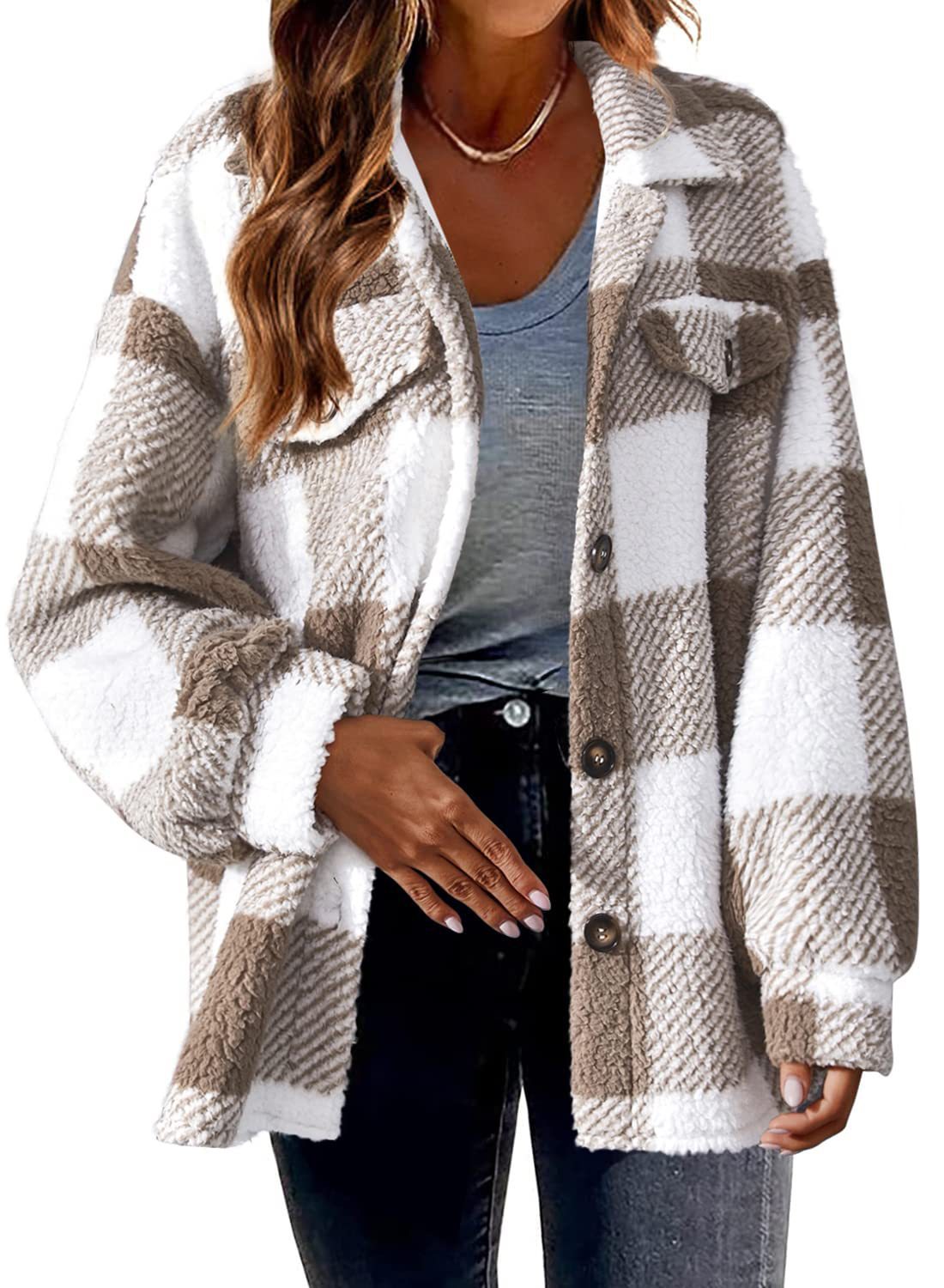 Women's checked textured shirt jacket with long sleeves, button front and chest pockets