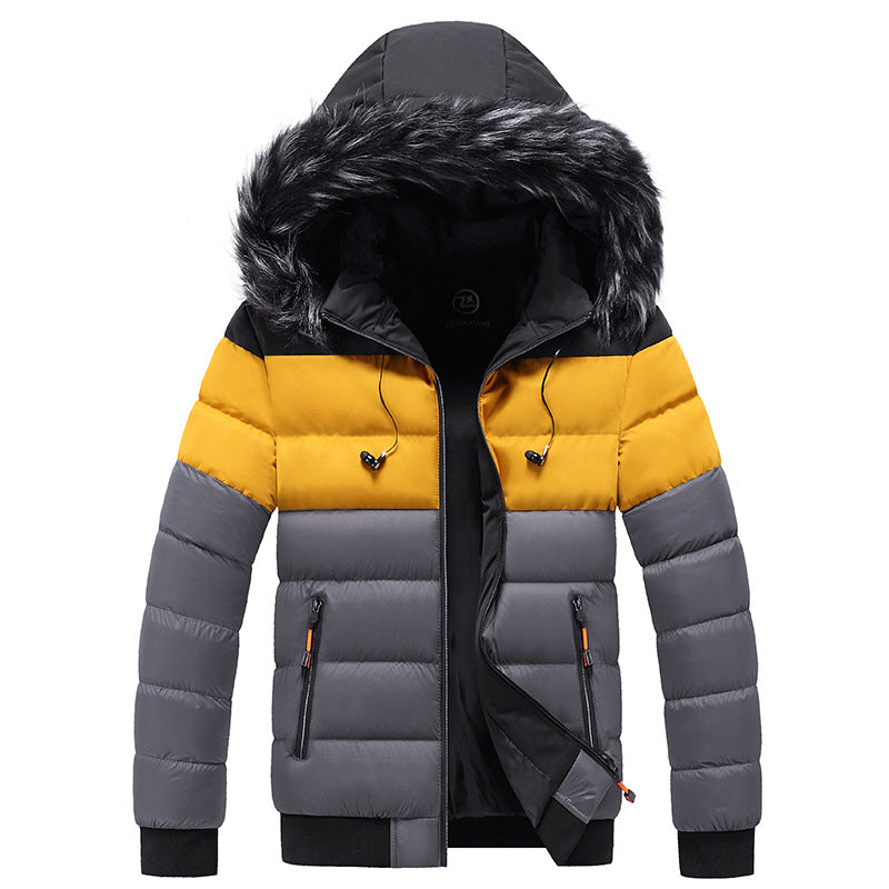 Men's colour-block puffer jacket with fur-trim hood and front zip