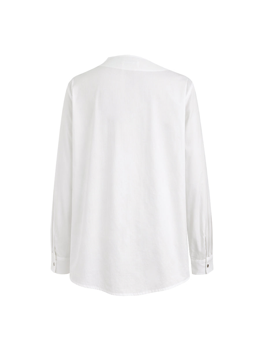 Women's white asymmetric blouse with stand collar and long sleeves