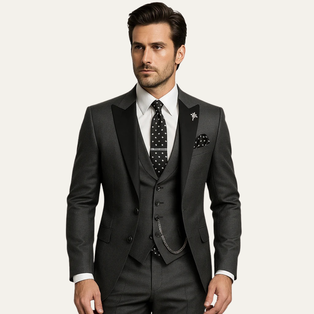 Men's three-piece suit with peak lapel blazer, waistcoat and matching trousers
