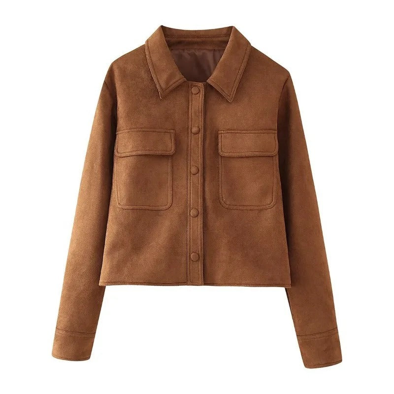 Women's Suede Jacket Cropped Button-Front Chest Pockets
