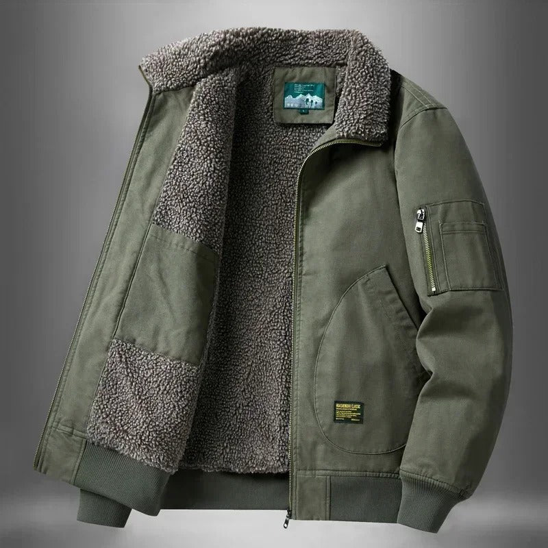 Men's Sherpa-Lined Jacket Cotton Fleece Collar - Green