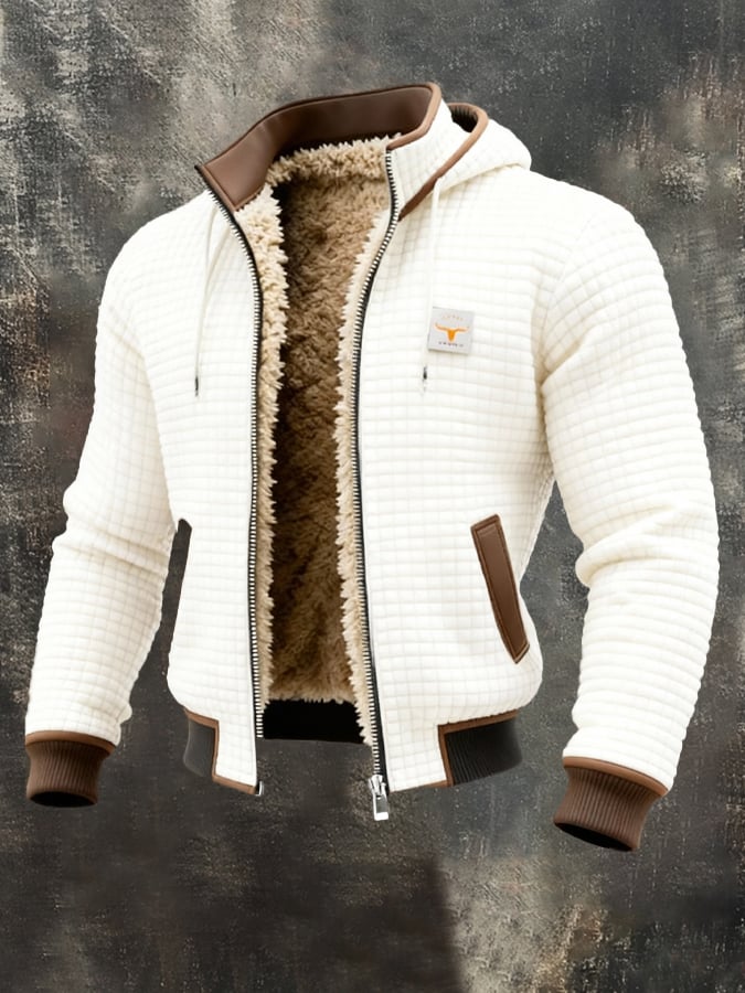 Men's quilted hooded jacket with sherpa lining and zip fastening
