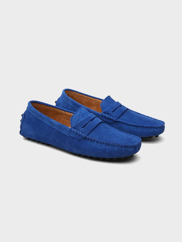 Men's suede boat loafers with moc toe and vamp strap