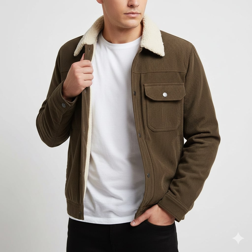 Men's corduroy jacket with sherpa collar, long sleeves and buttoned chest pockets