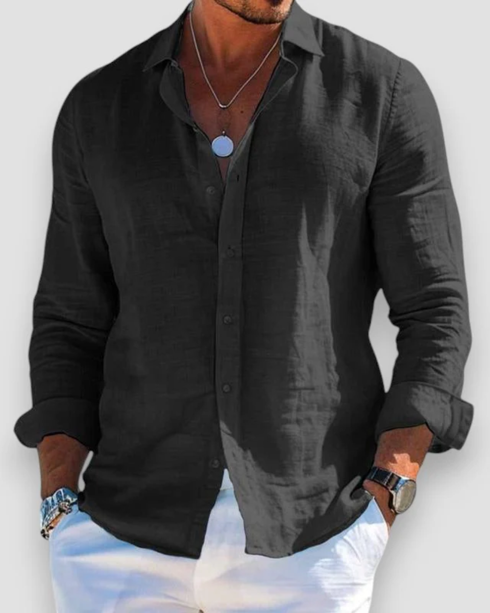 Men's plain long-sleeve button shirt with collared neckline and rolled cuffs