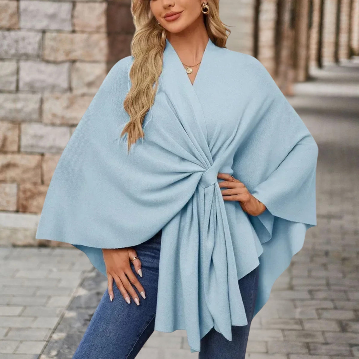 Women's batwing draped cape coat with tie waist and V-neckline