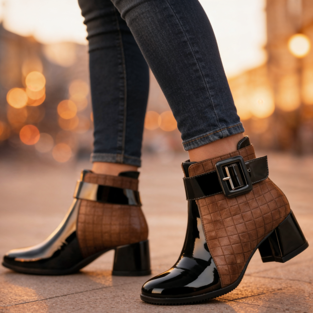 Women's quilted ankle boots with buckle strap, glossy panels and block heel