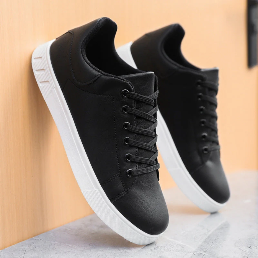 Men's Leather-Look Trainers Low-Top White Sole - Black
