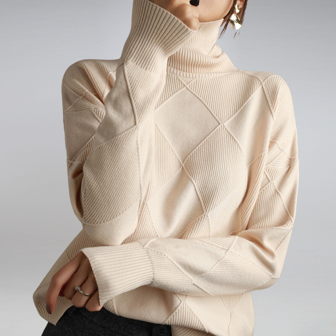 Women's geometric diamond roll neck jumper with long sleeves