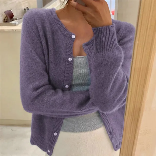 Women's relaxed button front knit cardigan with long sleeves and ribbed trims