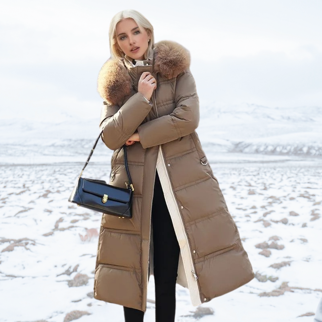 Women's long quilted hooded coat with fur-style trim