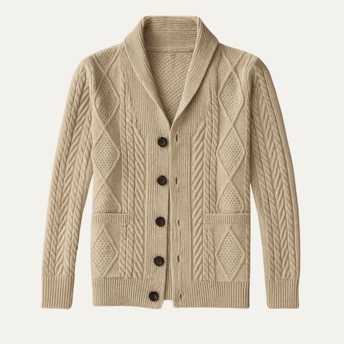 Men's textured cable knit cardigan with shawl collar, buttons and front pockets