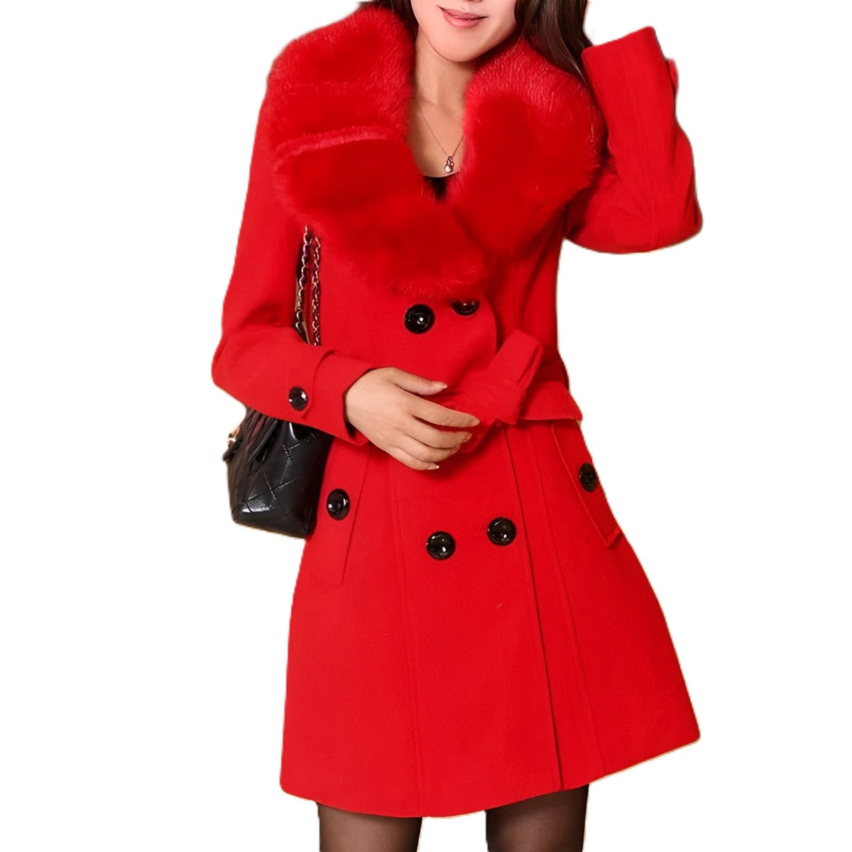 Women's button-front coat with a wide textured collar and long sleeves