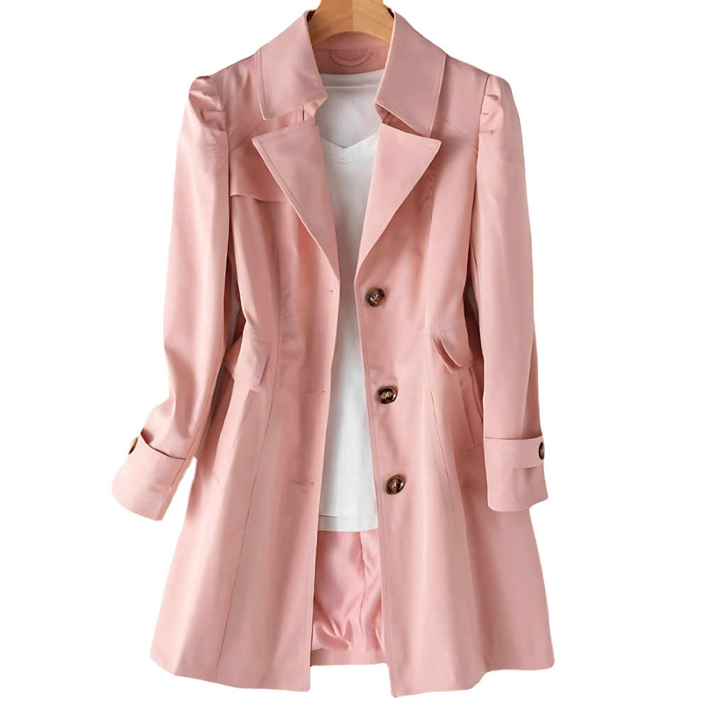 Women's tailored trench coat with long sleeves, notched lapels, button front and flap pockets