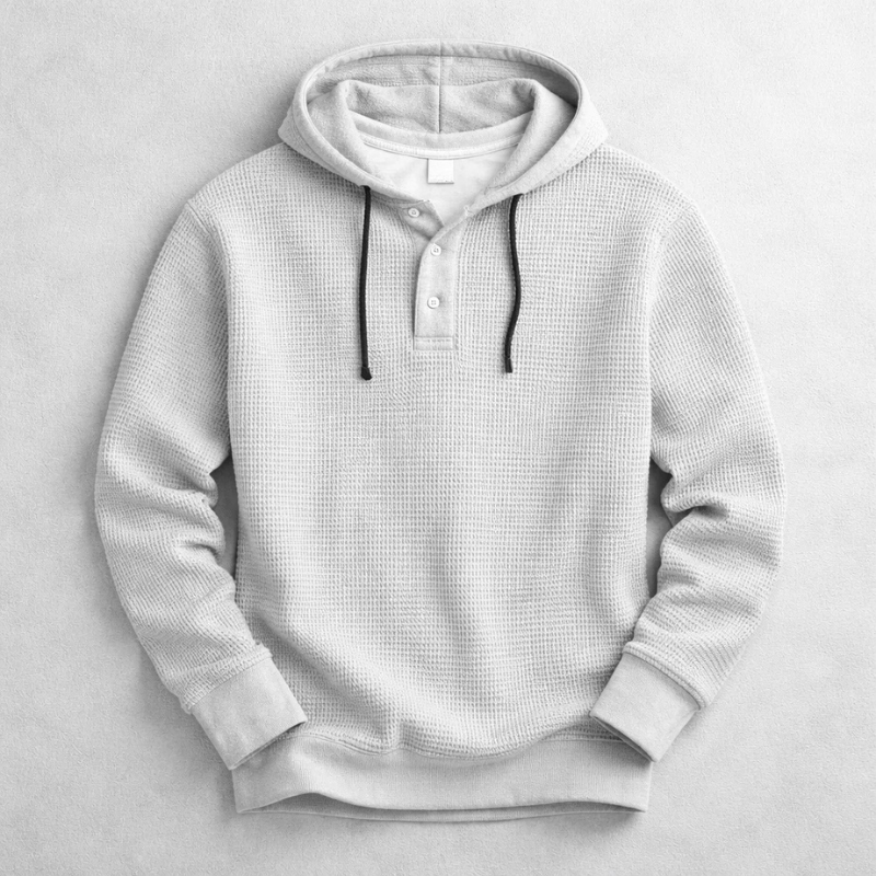 Men's waffle-knit Henley hoodie with drawstring hood and long sleeves
