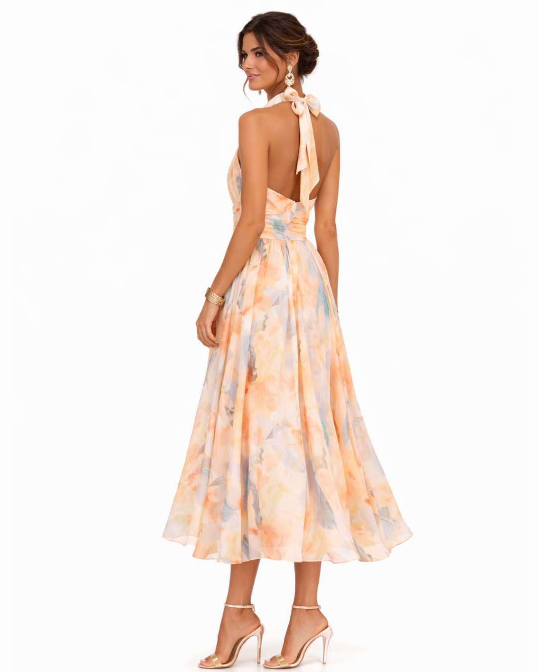 Women's Halter Neck Maxi Dress A-Line Flowing Skirt Printed Design | Floral Orange