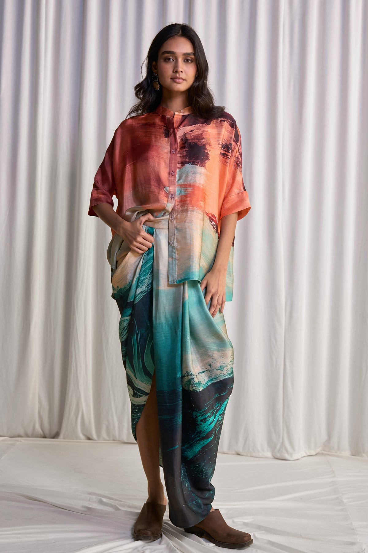 Women's multicoloured abstract brushstroke shirt and draped midi skirt set