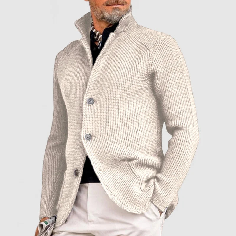 Men's textured knitted cardigan with mock neck, button front and pockets