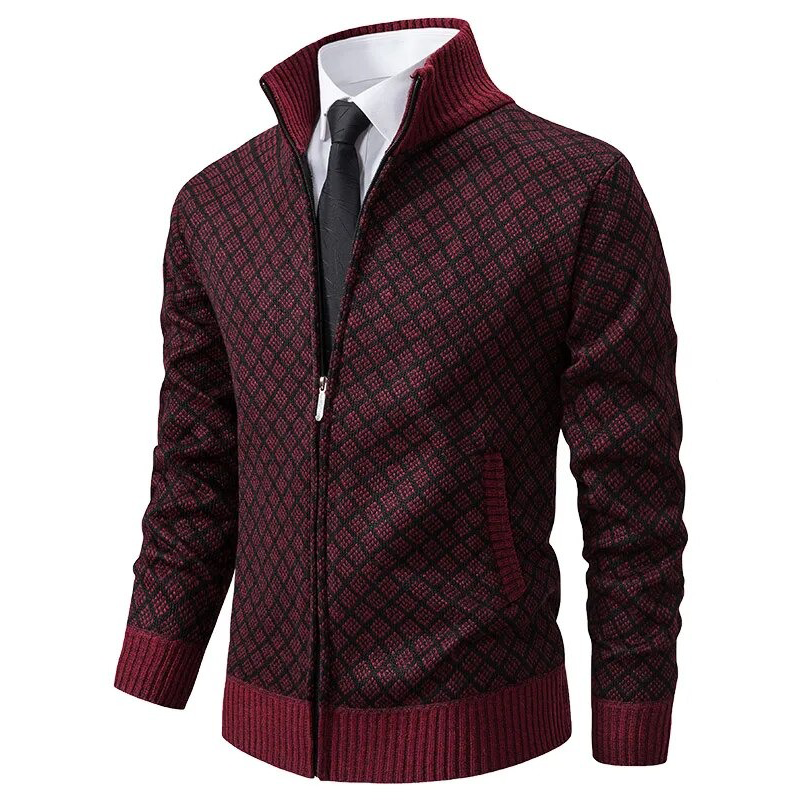 Men's geometric diamond pattern cardigan with mock neck and front zip
