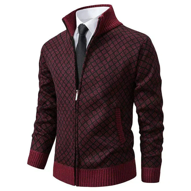 Men's geometric textured cardigan with mock neck, full zip and ribbed trims