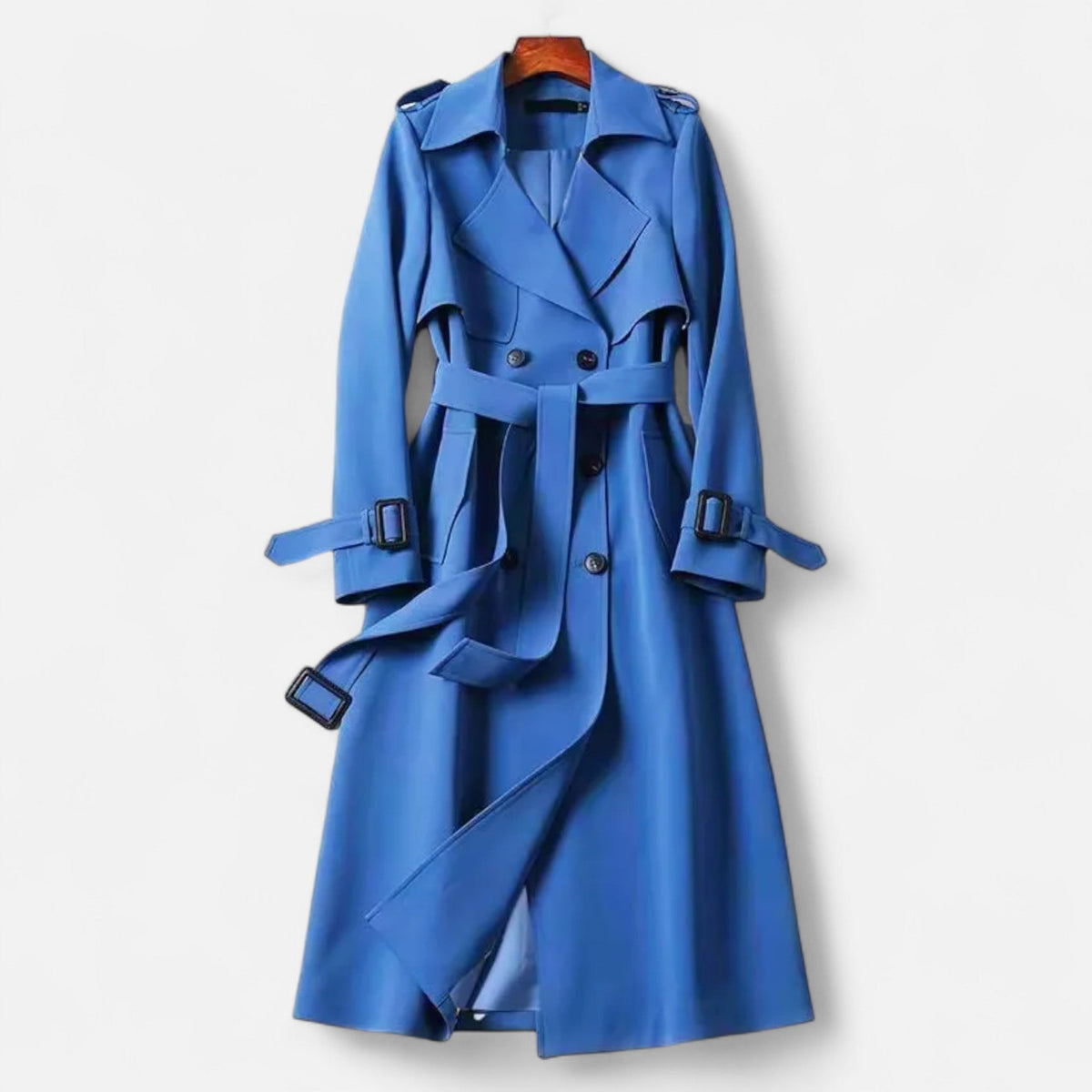 Women's long belted trench coat with wide lapels and adjustable cuff straps
