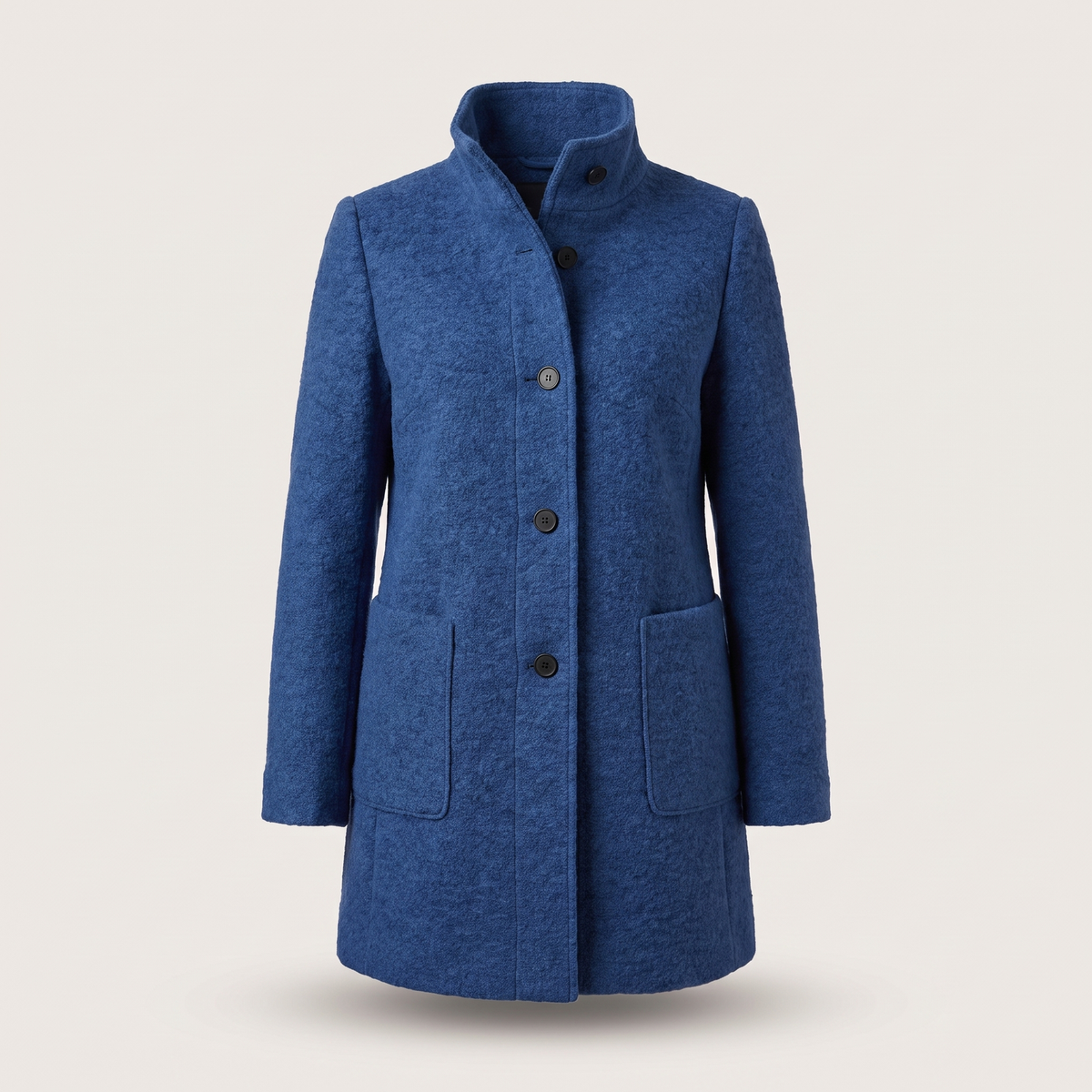 Women's longline coat with raised collar, button front and patch pockets