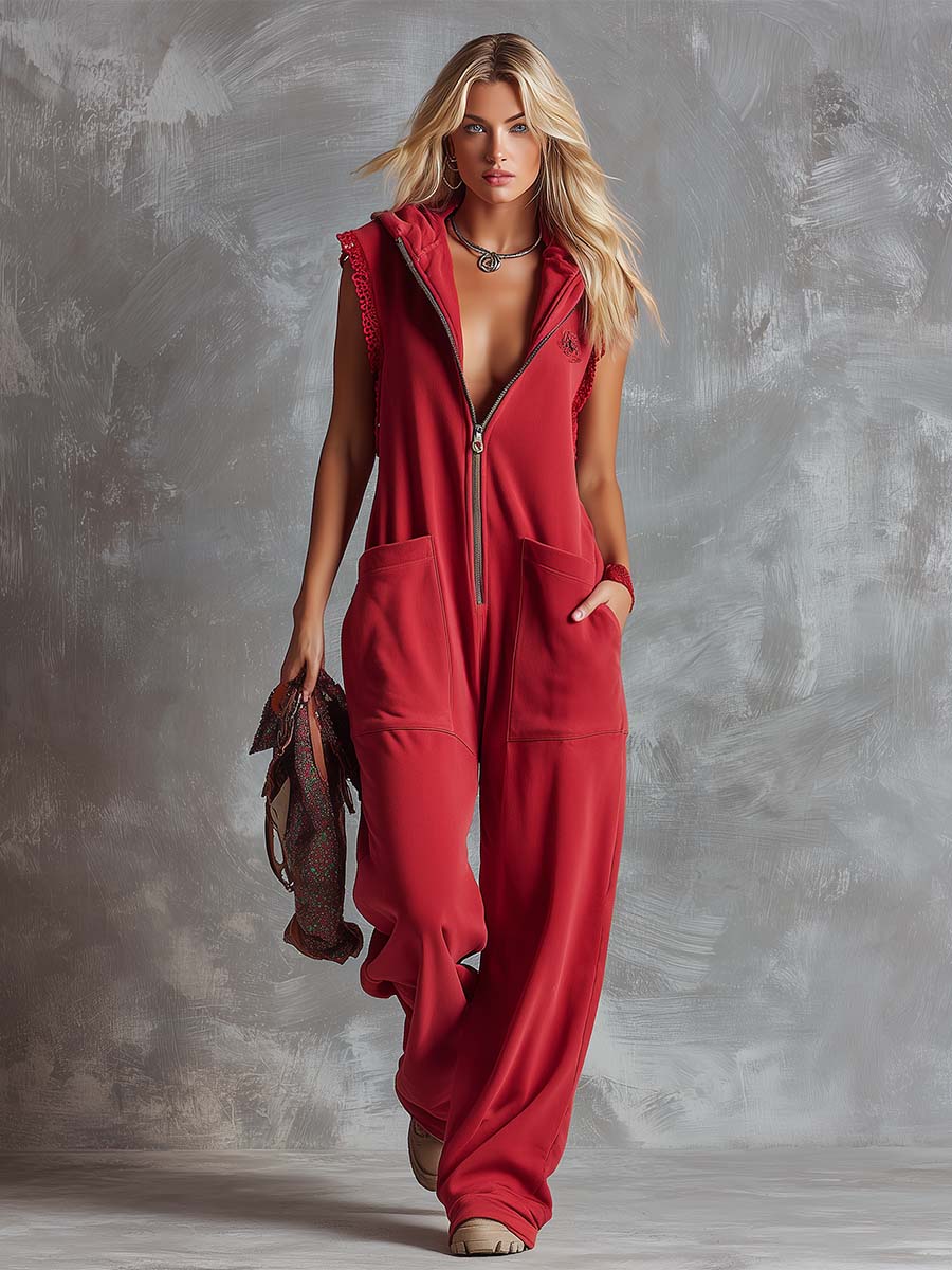 Women's Zip Jumpsuit Hooded Sleeveless Relaxed Fit Utility